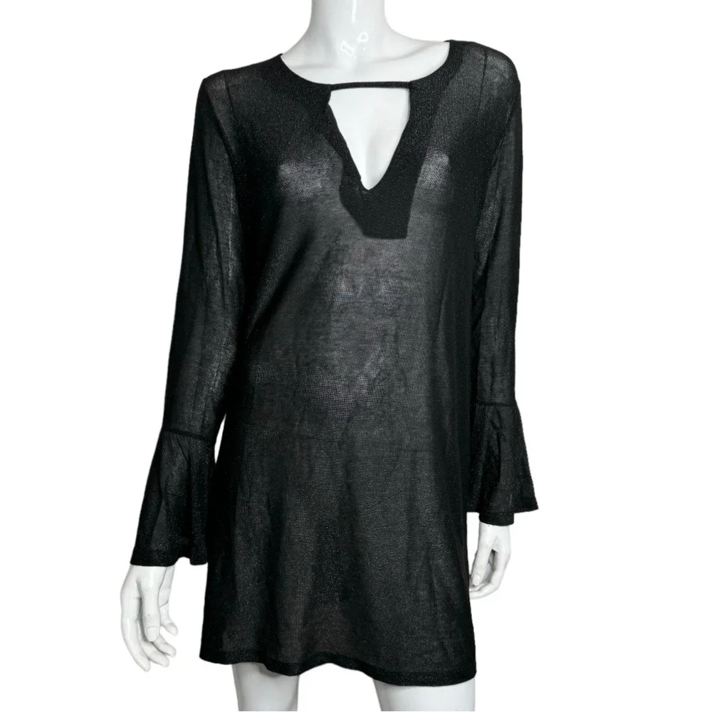 PHO Long Bell Sleeves Sheer Peep Hole Back‎ Midi Swimsuit Cover-Up Dress